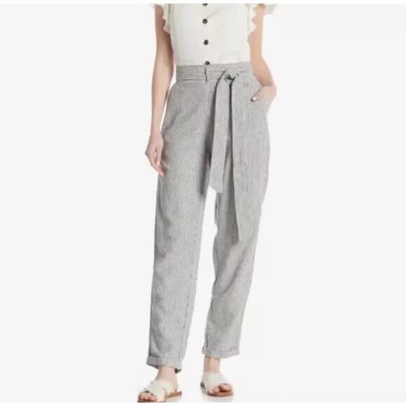 Max Studio Striped Linen Rayon Waist Tie High Waisted Pants - Picture 1 of 13